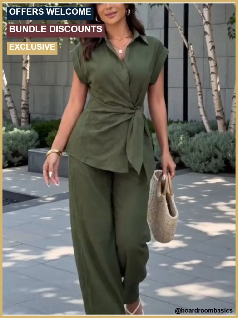Women's Two Piece Cap Sleeve Tie Waist Wide Leg Pant Set